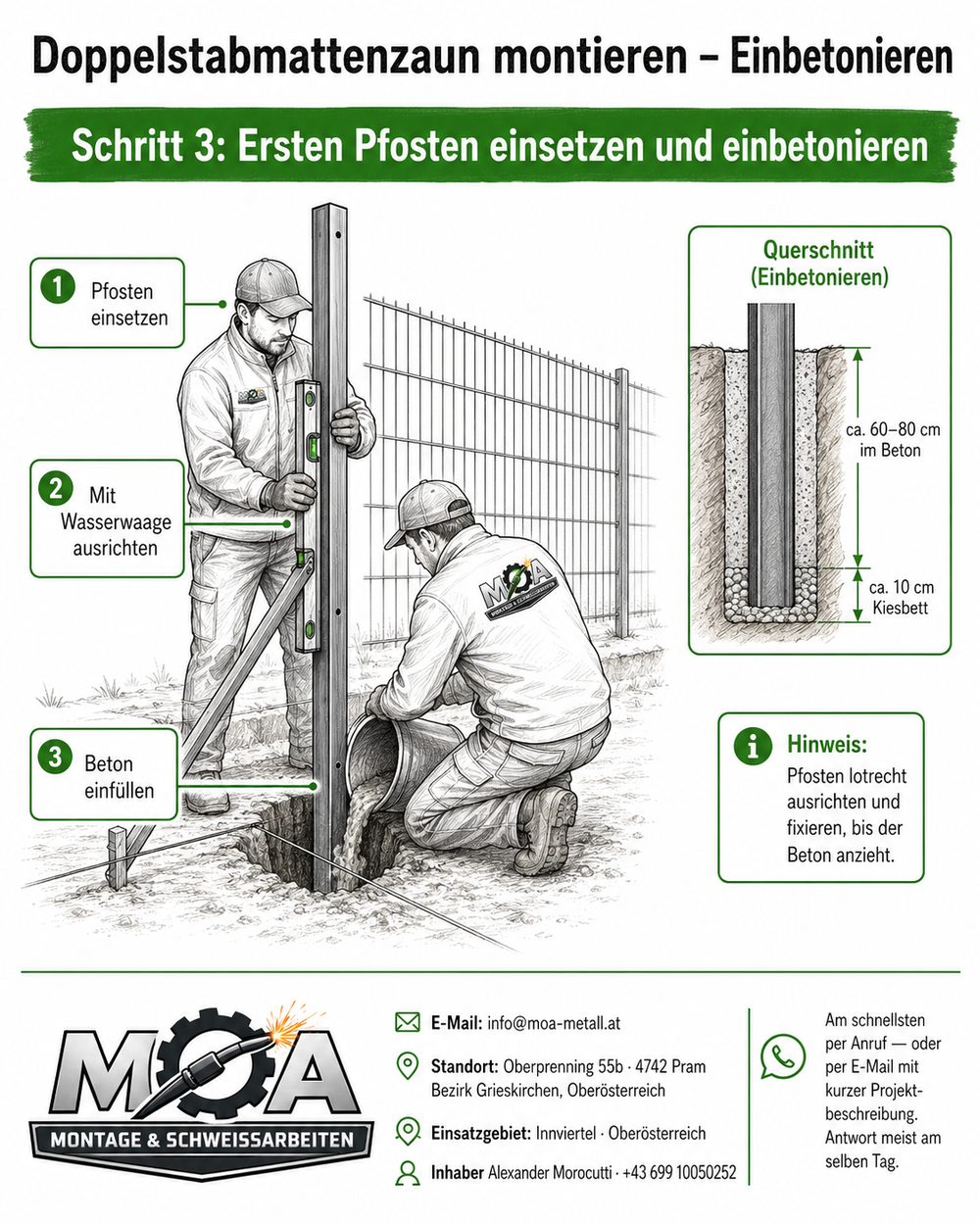 Schritt 3 Zaunmontage Ried: Ersten Pfosten einsetzen und einbetonieren