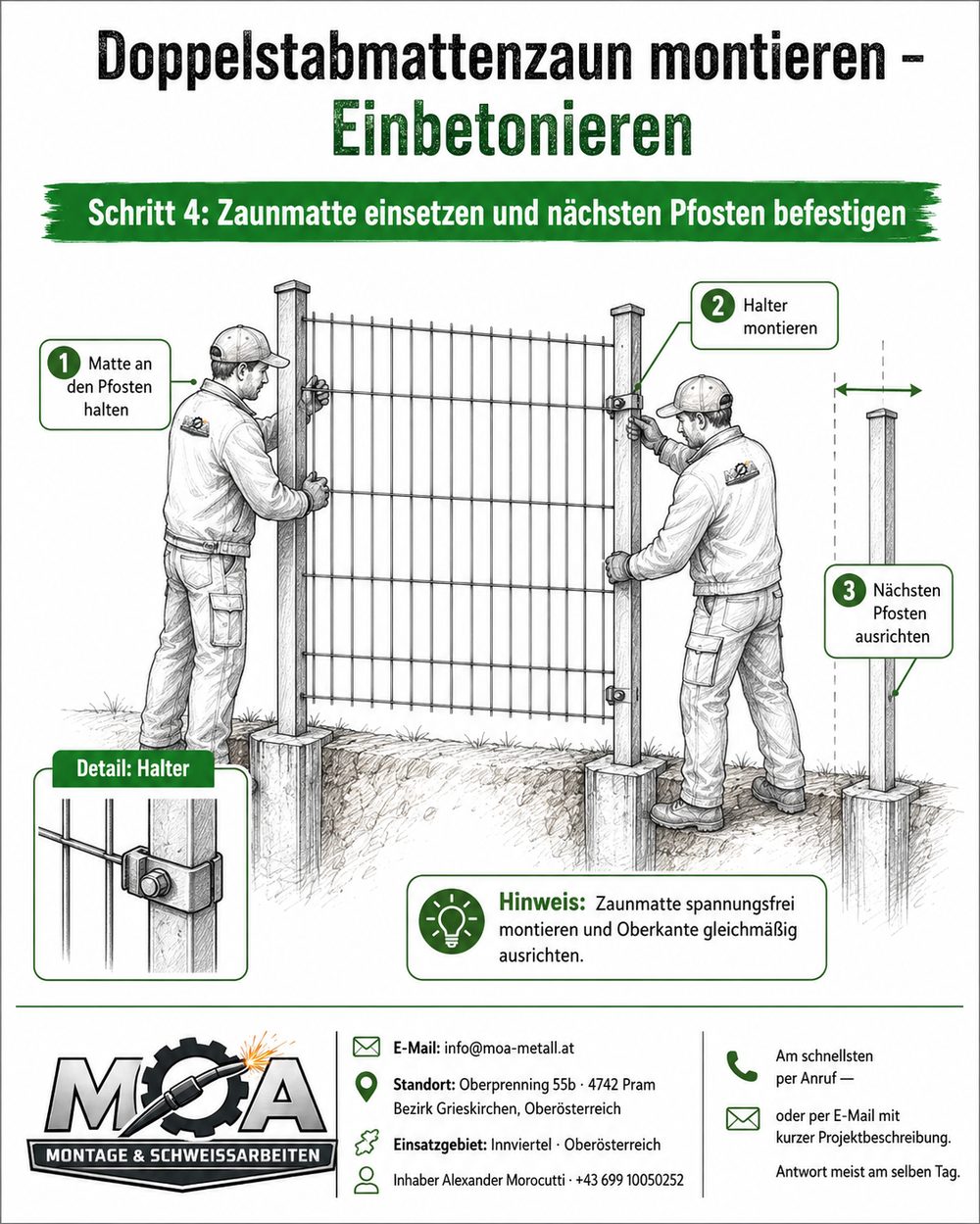 Schritt 4 Zaunmontage Ried: Zaunmatte einsetzen und nächsten Pfosten befestigen